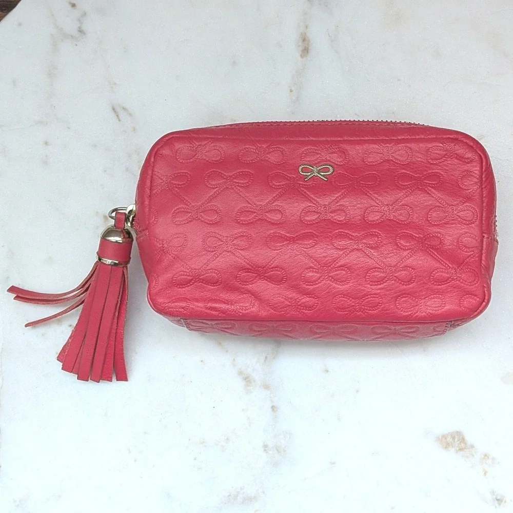 Anya Hindmarch Pink Embossed Bow Leather Cosmetic Makeup Bag Tassel Pouch Clutch - Picture 1 of 6